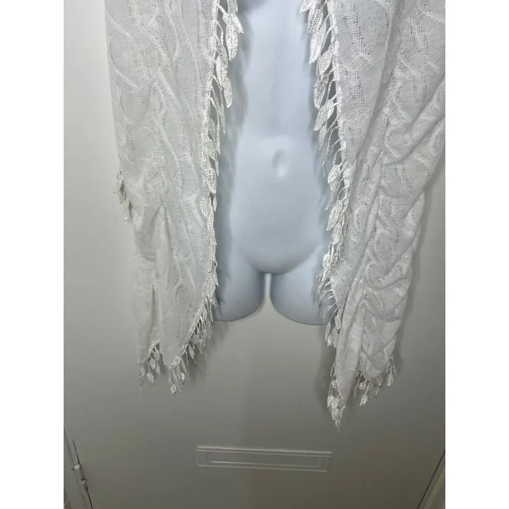 Gathered White Semi-Sheer Leaf Fringe Scarf Shawl Wrap ~ 75